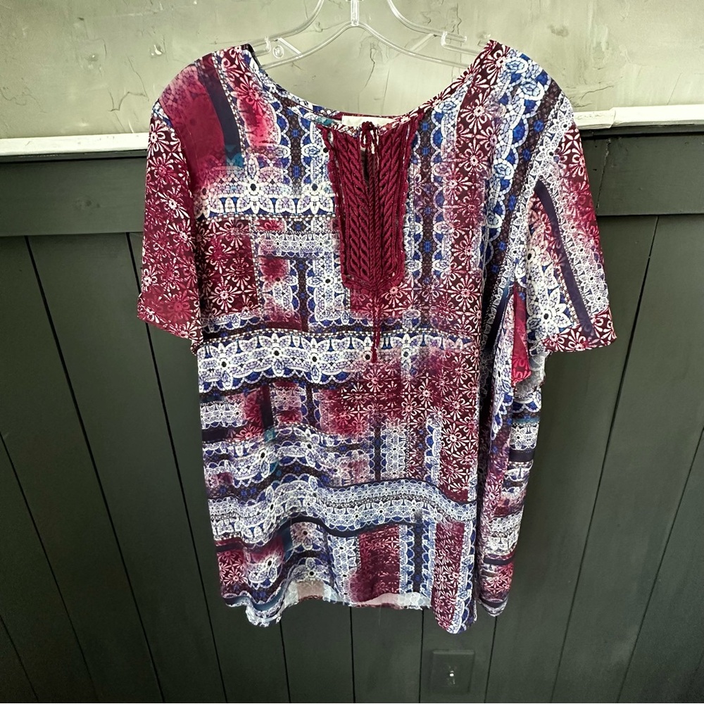 CJ Banks Pullover Top Women's Multicolor Short  Sleeve Boho Print Top‎ SZ 1X